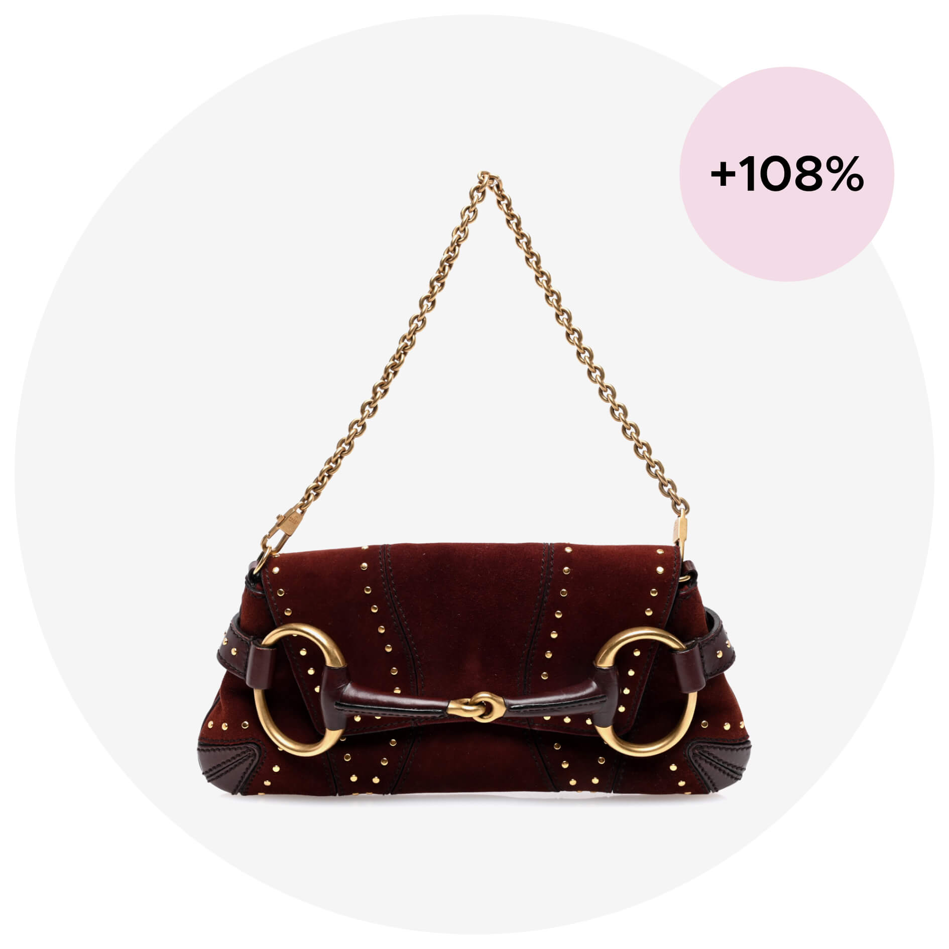 Vintage-style handbag with 108% popularity mark.
