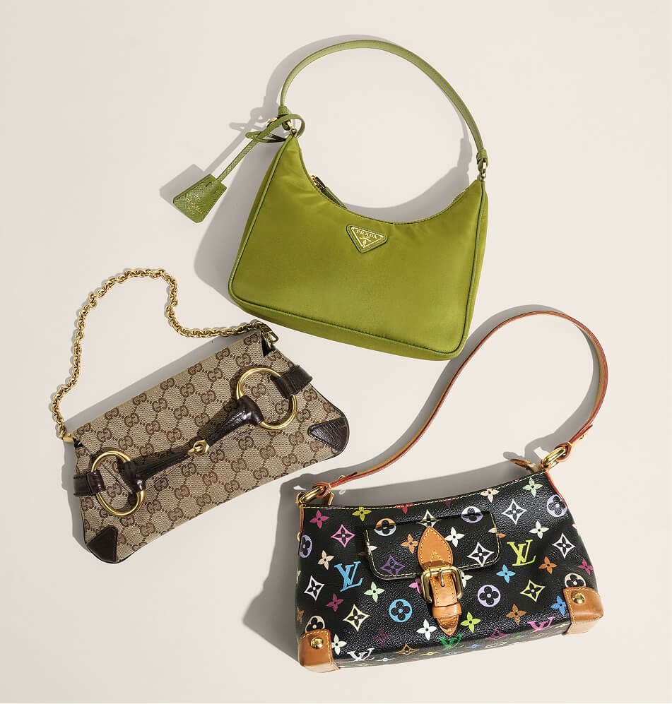 Three designer handbags arranged on a light beige background: a green Prada shoulder bag at the top, a beige Gucci monogram horsebit clutch with a gold chain on the left, and a black Louis Vuitton multicolor monogram shoulder bag at the bottom right.