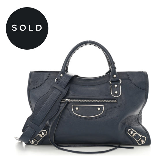 Balenciaga Chevre Silver Metallic Edge Hardware City Bleu Nuit Dark Sea
