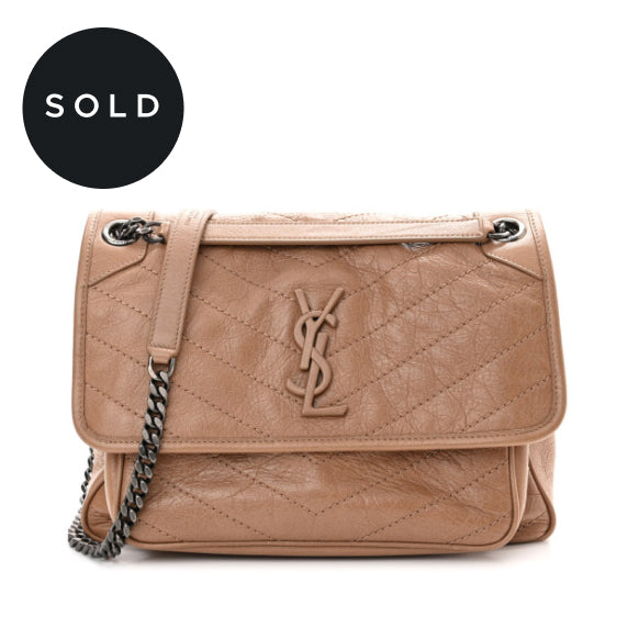 SAINT LAURENT Crinkled Calfskin Matelasse Monogram Medium Niki Chain Satchel Dark Toffee