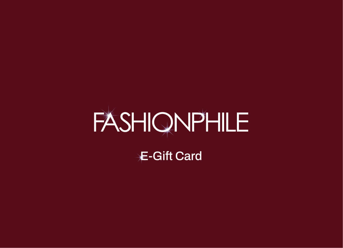 A dark red digital graphic with the text 'FASHIONPHILE' in white and 'E-Gift Card' below it, indicating a fashion-themed e-gift card.