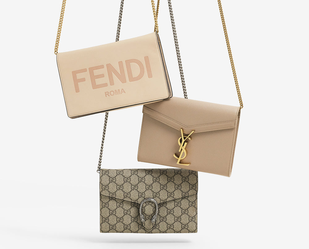 one Fendi beige wallet on chain bag, one Saint Laurent beige Cassandra wallet on chain bag and one Gucci monogram Dionysus wallet on chain bag