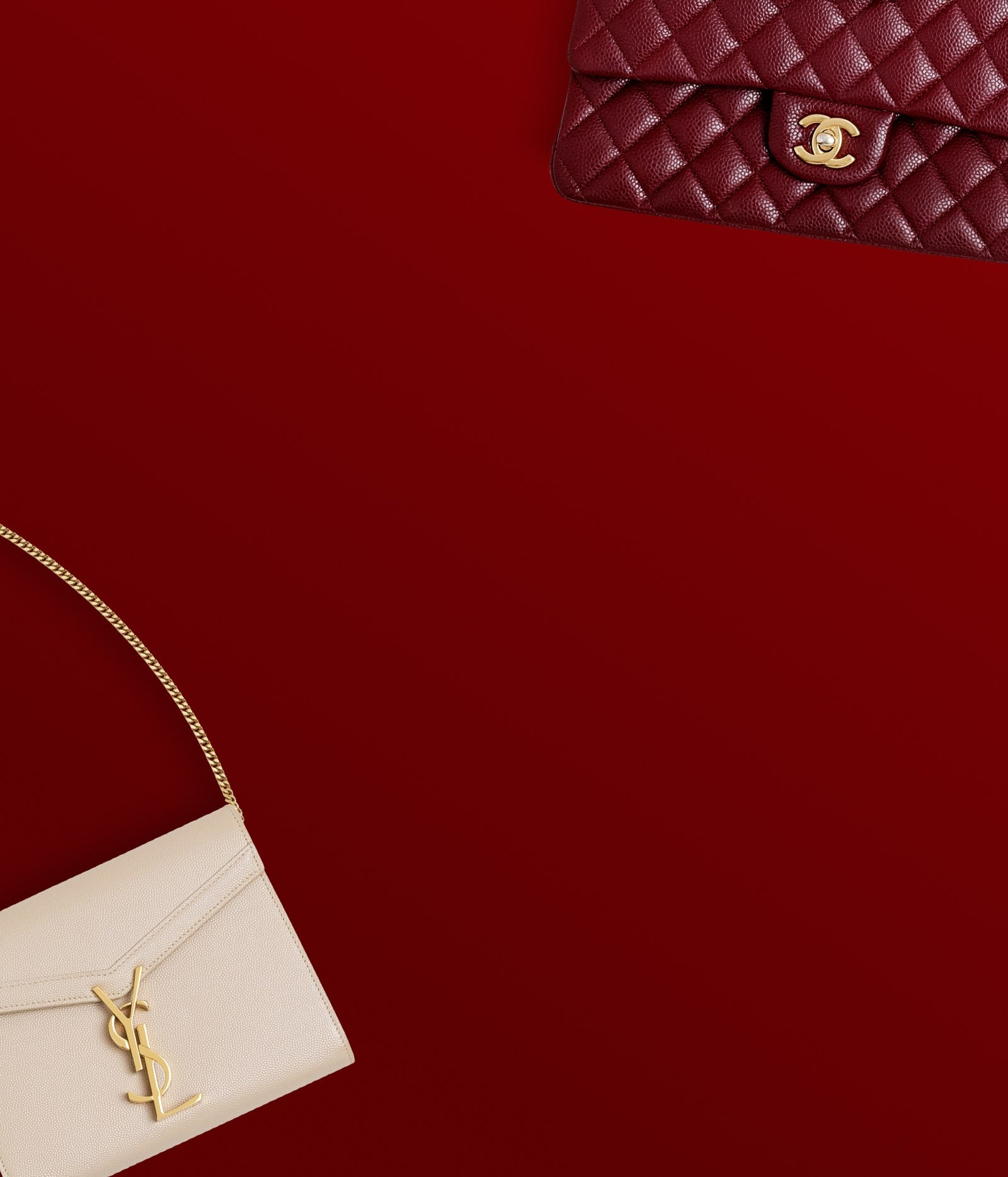 one SAINT LAURENT Grain De Poudre Monogram Cassandra Clasp Bag Marble Pink on the bottom left corner and one CHANEL Caviar Quilted Double Flap Red on the top right corner on a red background