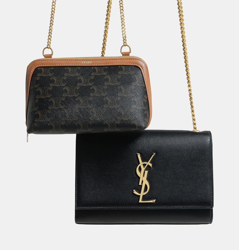 Two handbags displayed side by side, Celine on the left and YSL on the right.