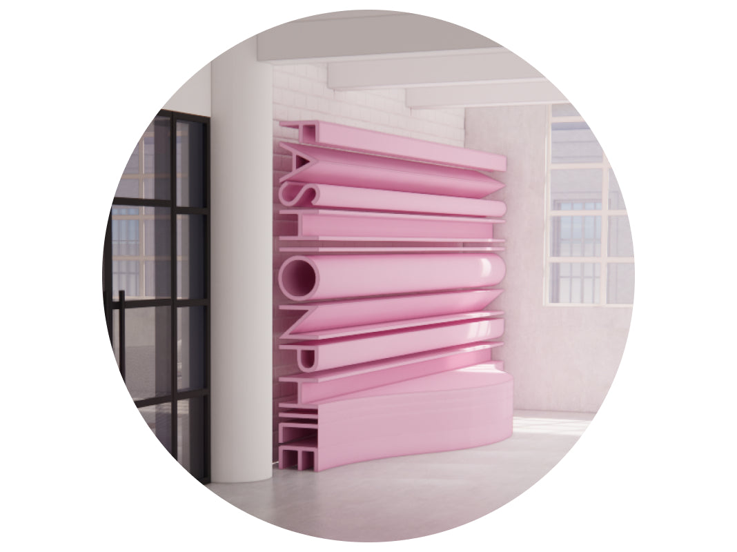 a pink Fashionphile logo display inside the LA Flagship location