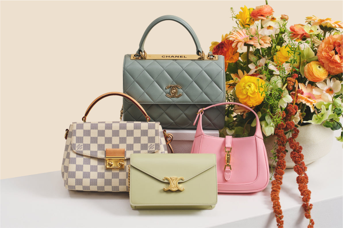 one CHANEL Lambskin Quilted Trendy CC Flap Dual Handle Bag Green sitting behind a LOUIS VUITTON Damier Azur Croisette, a Gucci mini Jackie pink, and a CELINE Shiny Calfskin Triomphe Margo Wallet on Chain Green