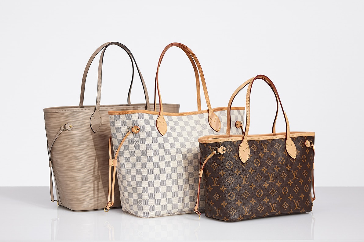 one beige Louis Vuitton Neverfull tote bag, one Louis Vuitton Damier Azur Neverfull tote bag, and one Louis Vuitton Monogram Neverfull tote bag