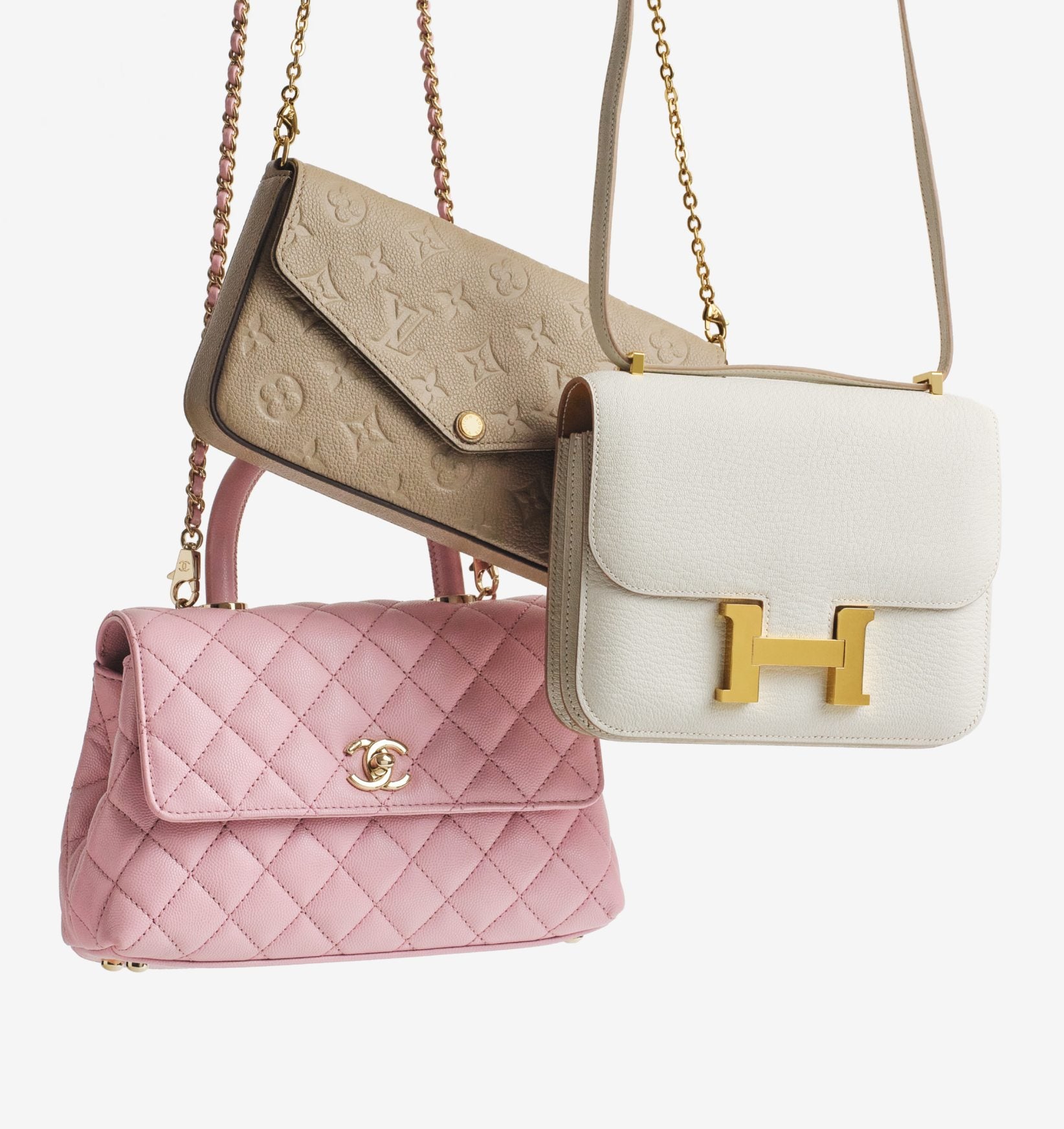 Four luxury handbags in beige, pink, and white with gold accents on a light gray background