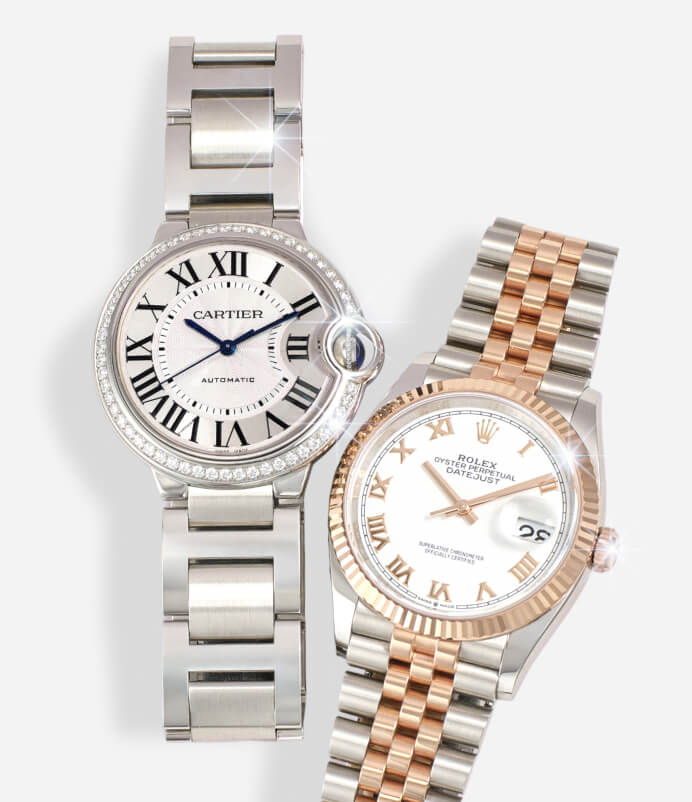 Two luxury wristwatches on a light gray background: a Cartier Ballon No. 2 Automatic with a silver-tone steel bracelet and bezel, and a Rolex Datejust with a two-tone silver and rose gold-tone bracelet and fluted bezel.