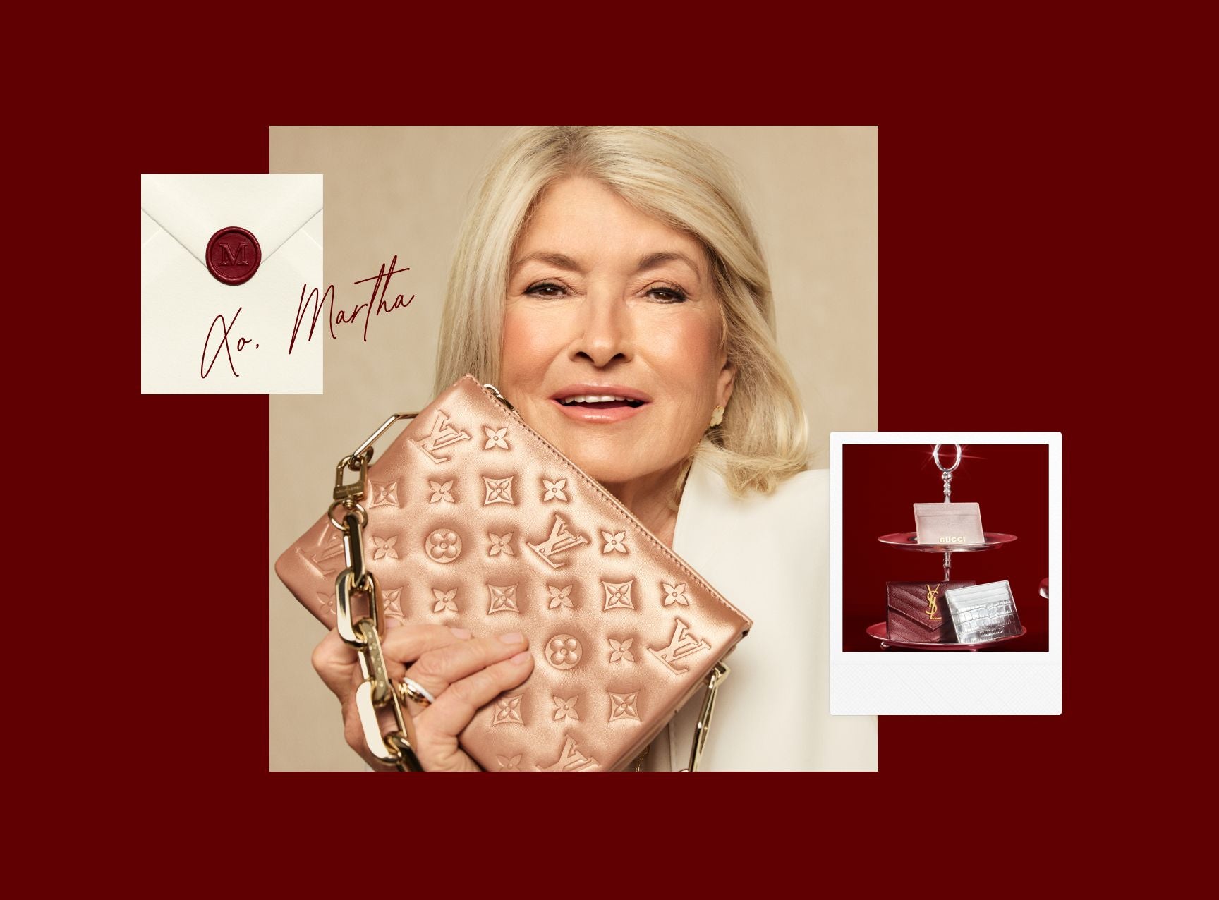 Martha Stewart in a white suit holding a LOUIS VUITTON Metallic Lambskin Embossed Monogram Coussin BB Pink Gold 