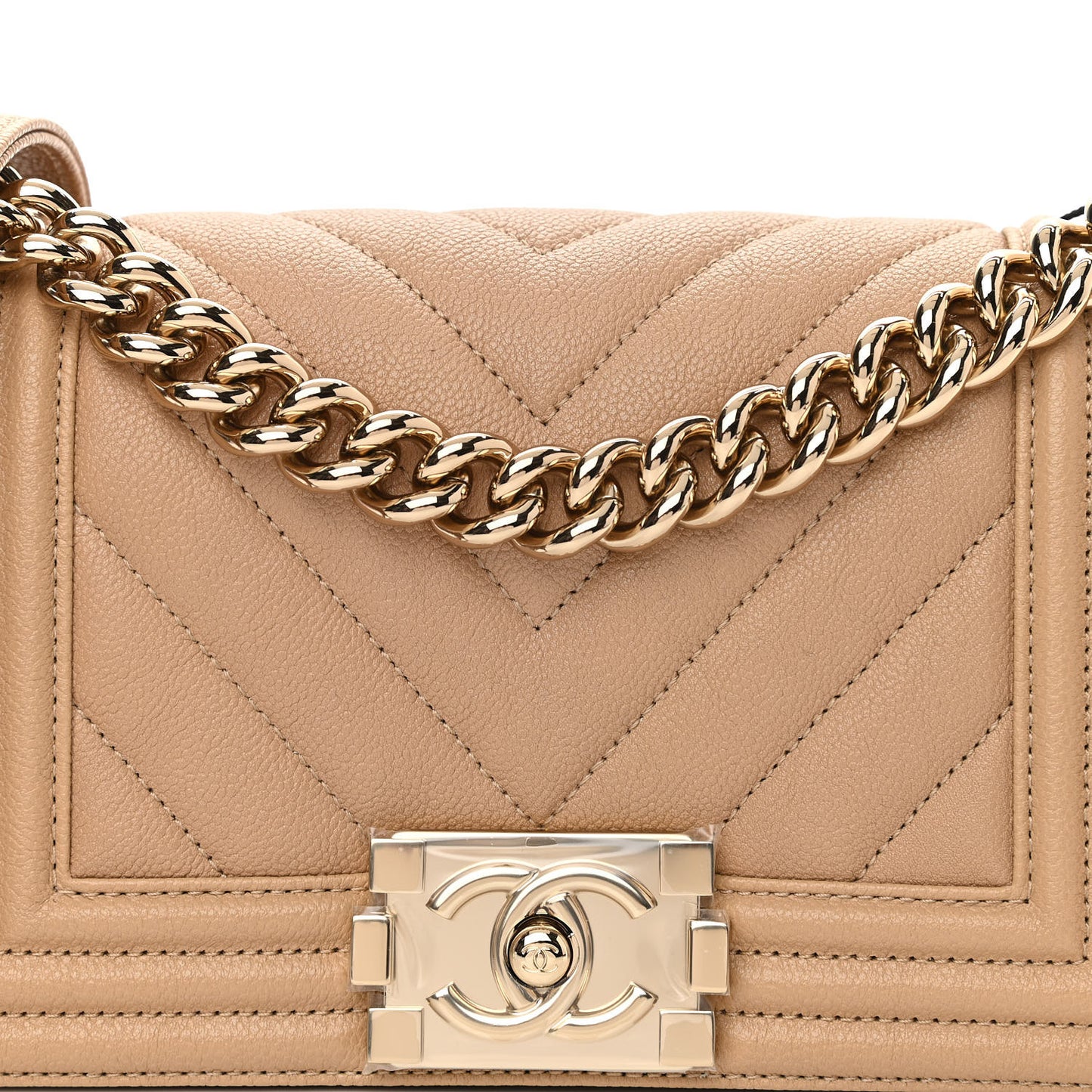 Caviar Chevron Quilted Small Boy Flap Beige