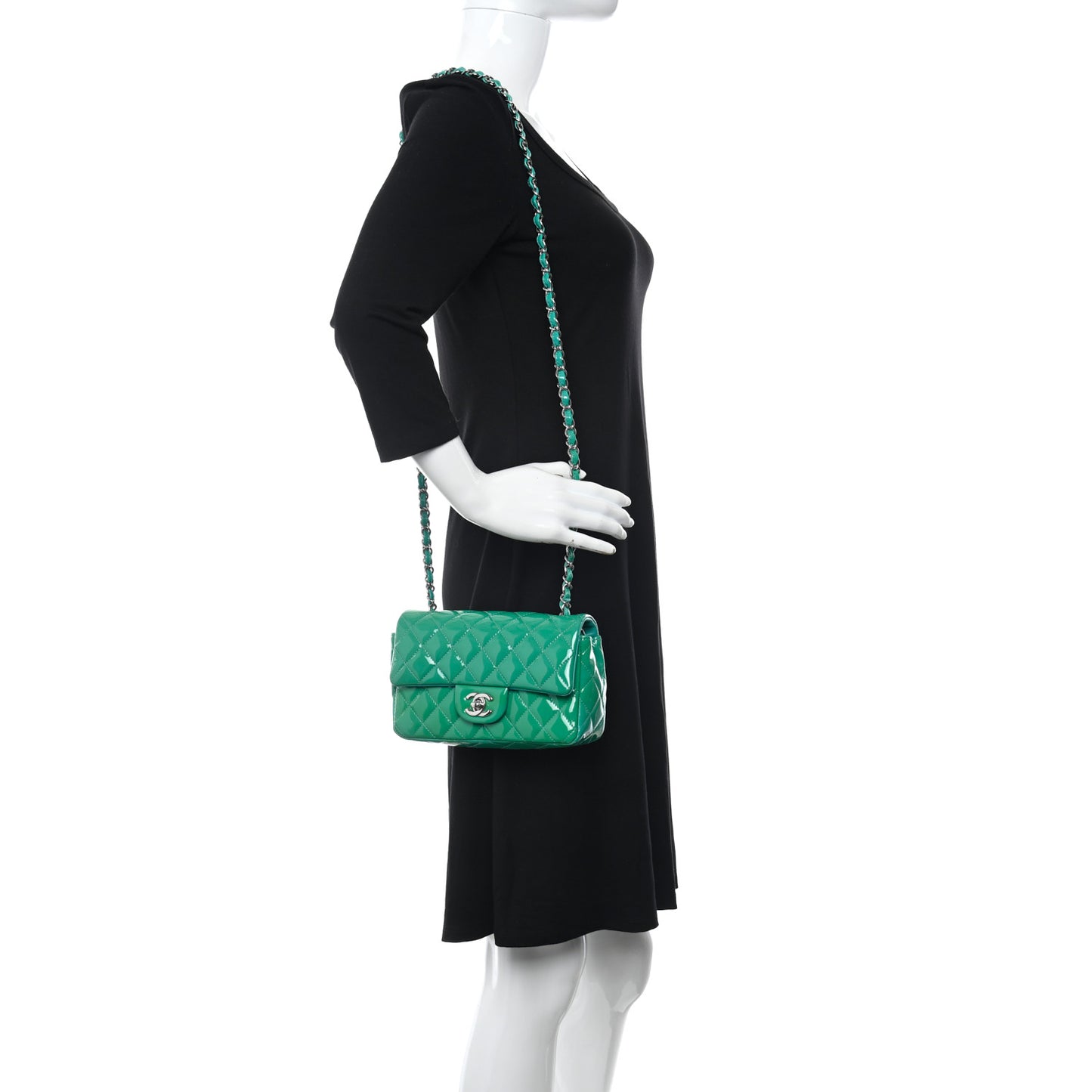 Patent Calfskin Quilted Mini Rectangular Flap Green