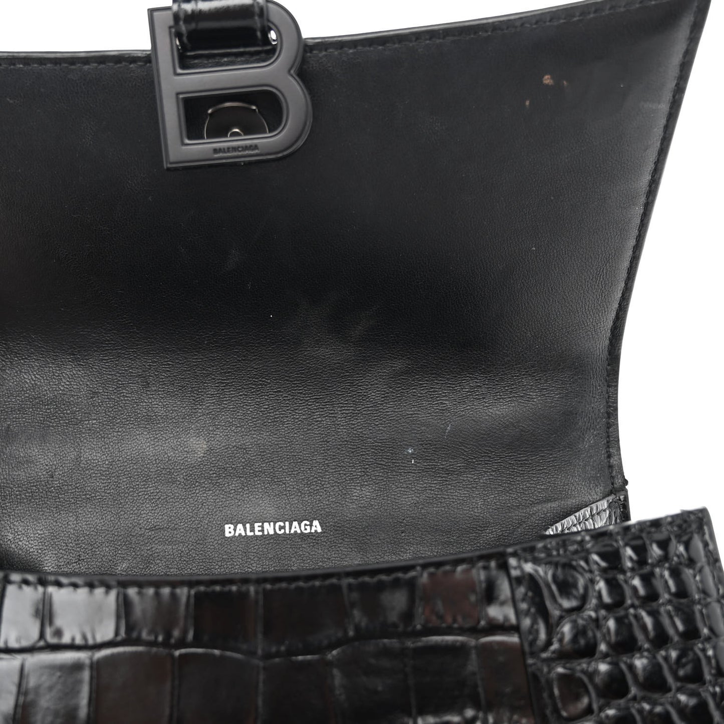 Shiny Calfskin Monochrome Crocodile Embossed Small Hourglass Top Handle Bag Black