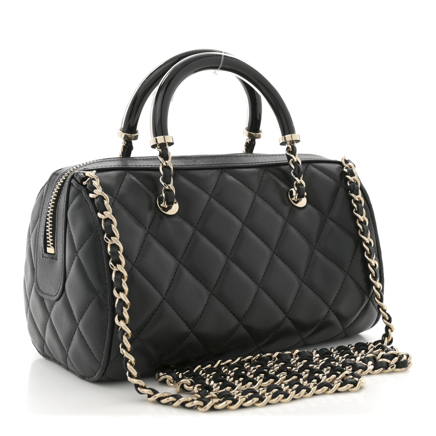 Lambskin Quilted Mini Bowling Bag Black