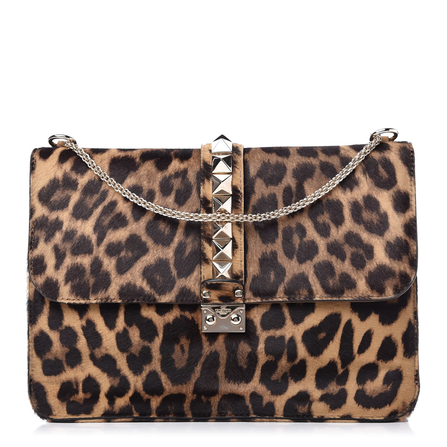 Valentino Garavani Calf Hair Leopard Print Large Glam Lock Rockstud Flap 1 of 9