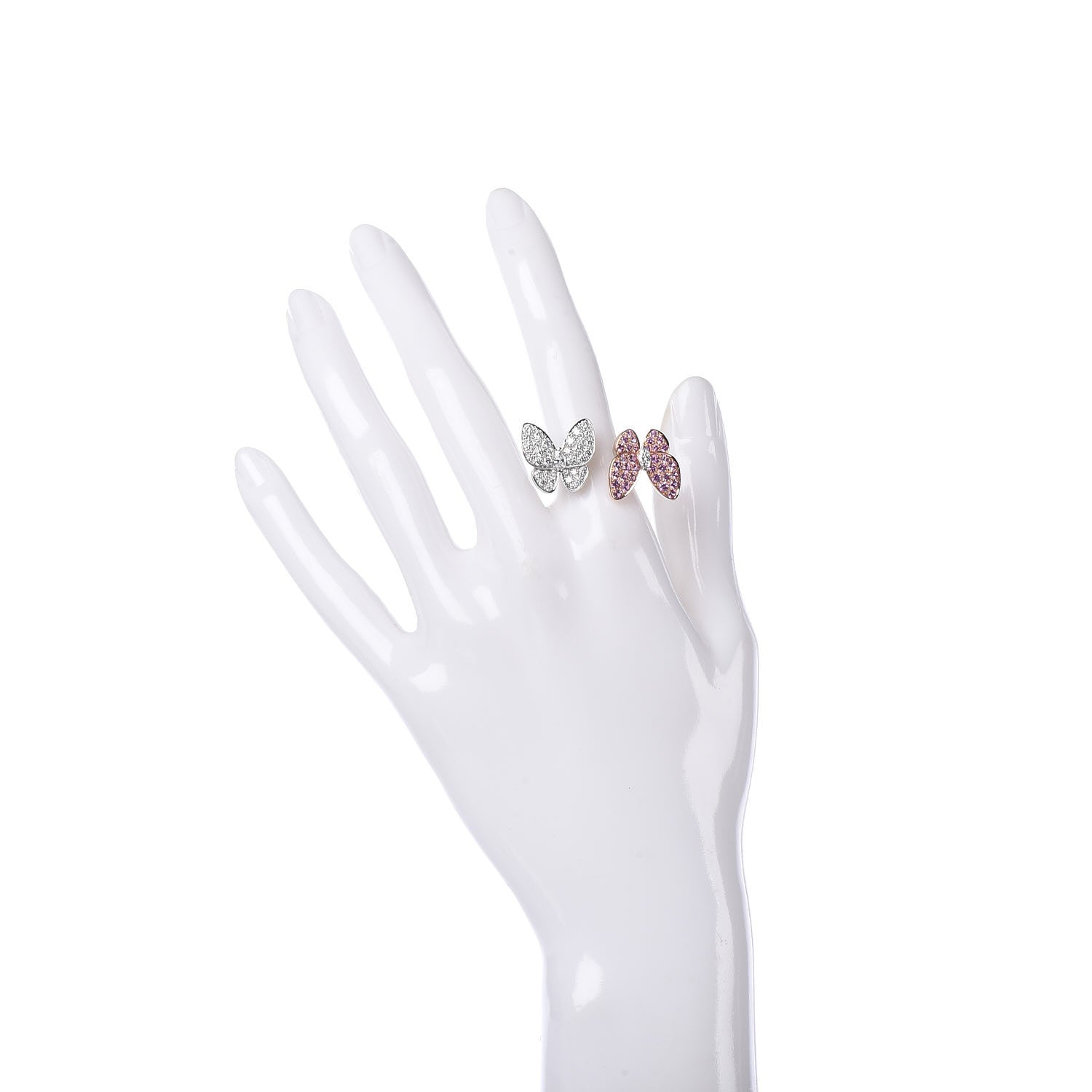 Van Cleef & Arpels 18K White Rose Gold Diamond Pink Sapphire Two Butterfly Between The Finger Ring 52 6 2 of 7