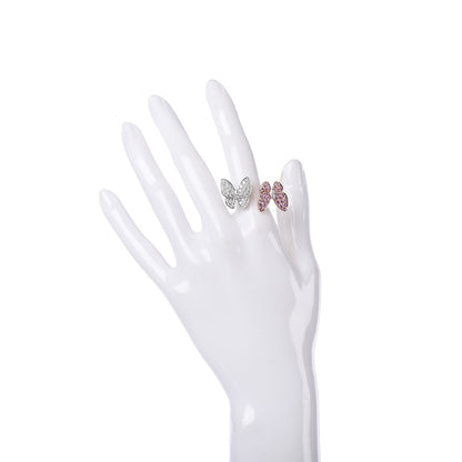 Van Cleef & Arpels 18K White Rose Gold Diamond Pink Sapphire Two Butterfly Between The Finger Ring 52 6 2 of 7