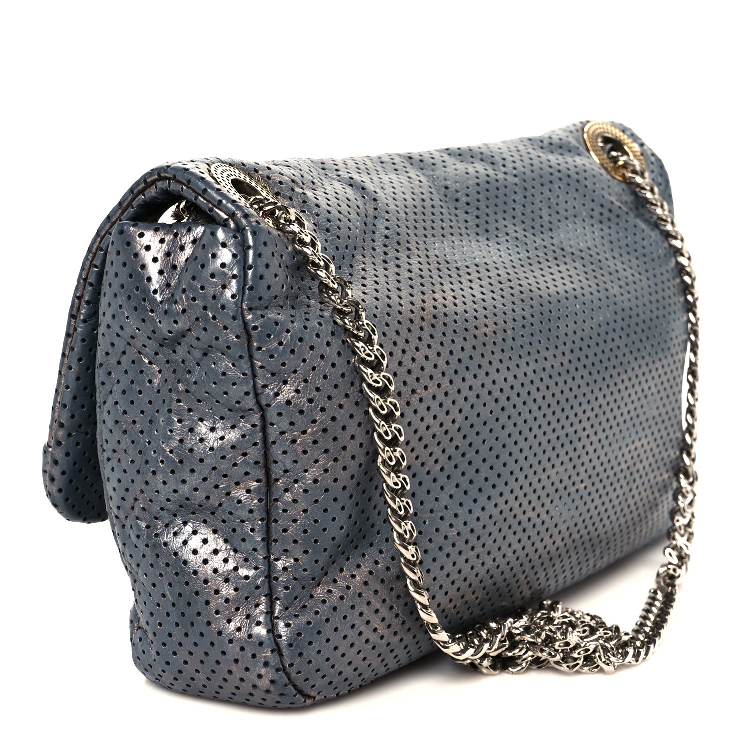 Chanel Metallic Crackled Calfskin Perforated Drill Flap Silver 3 of 10