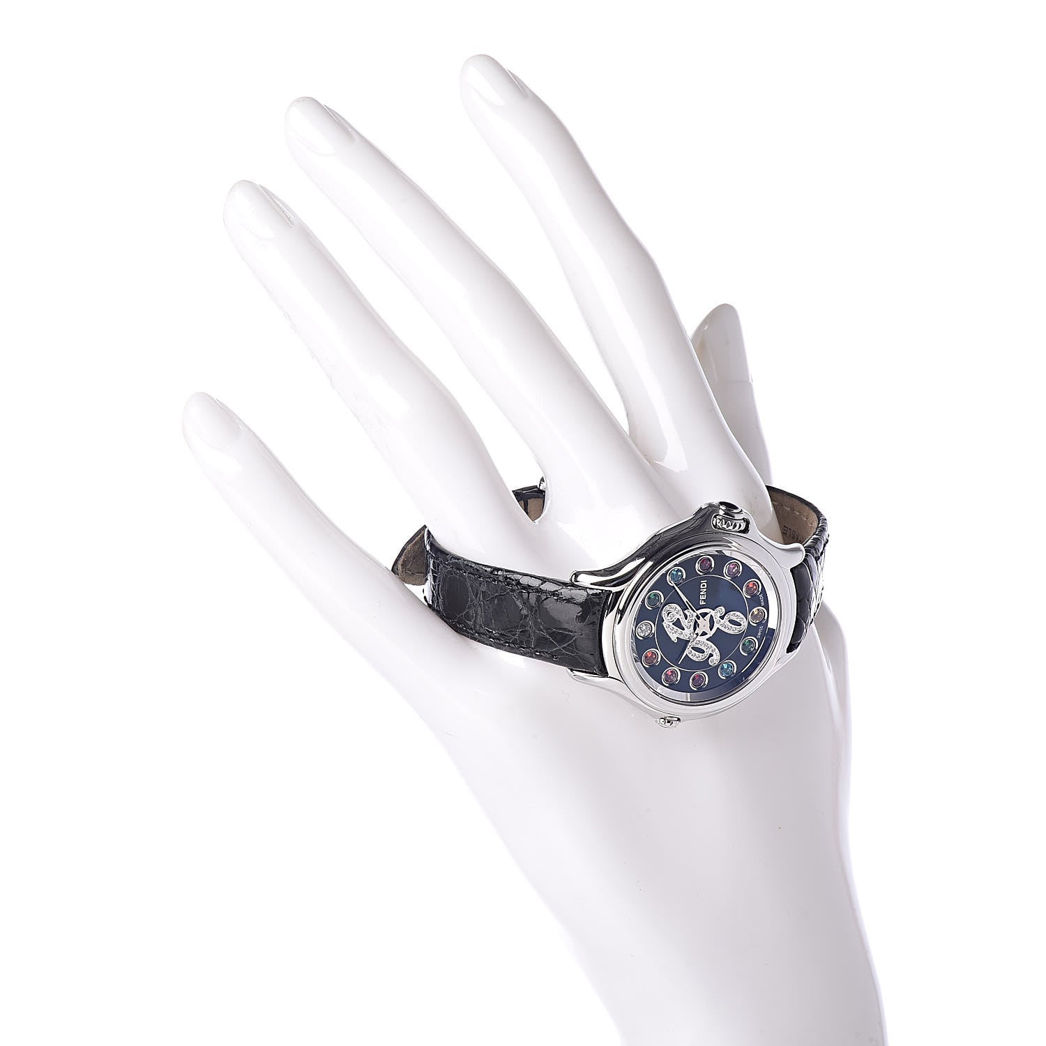 Fendi Stainless Steel Calfskin Diamond Topaz 33mm Crazy Carats Rotating Gem Quartz Watch Black 2 of 11