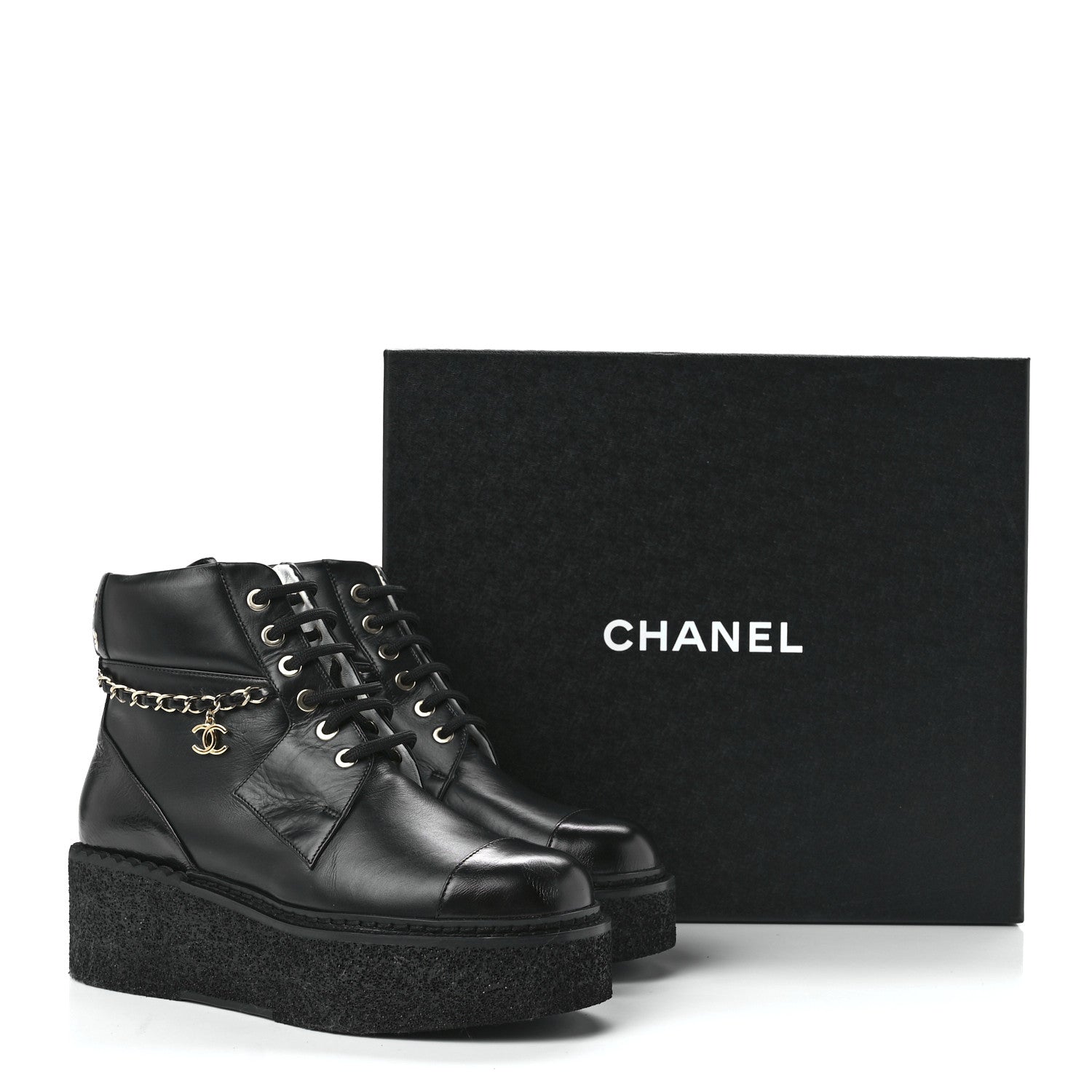 Chanel Calfskin Shiny Calfskin Chain Lace Up CC Short Boots 36.5 Black 9 of 9