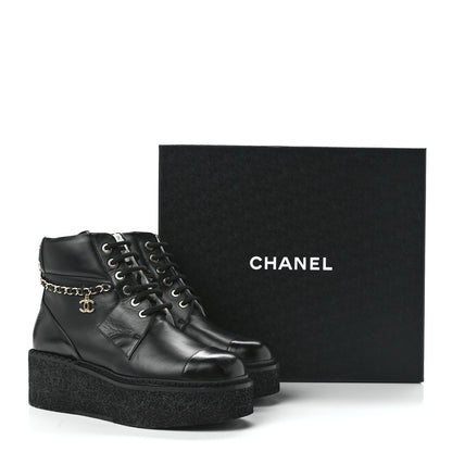 Chanel Calfskin Shiny Calfskin Chain Lace Up CC Short Boots 36.5 Black 9 of 9