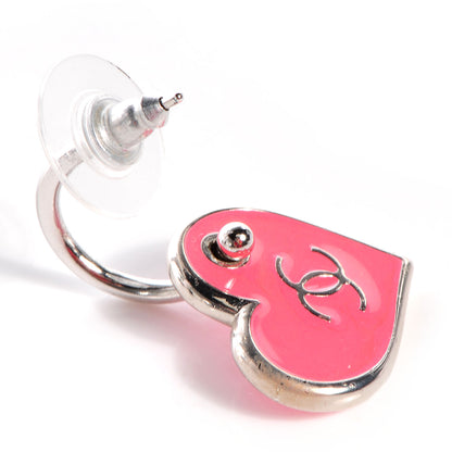 Chanel Enamel Valentine CC Heart Earrings Pink Silver 3 of 4