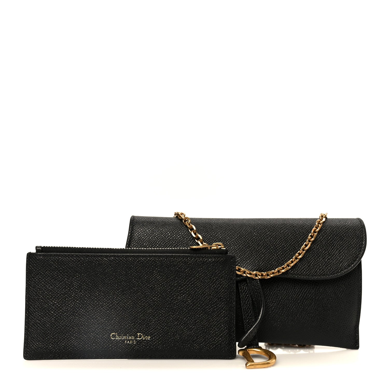 Christian Dior Grained Calfskin Saddle Chain Wallet Pouch Black 3 of 15