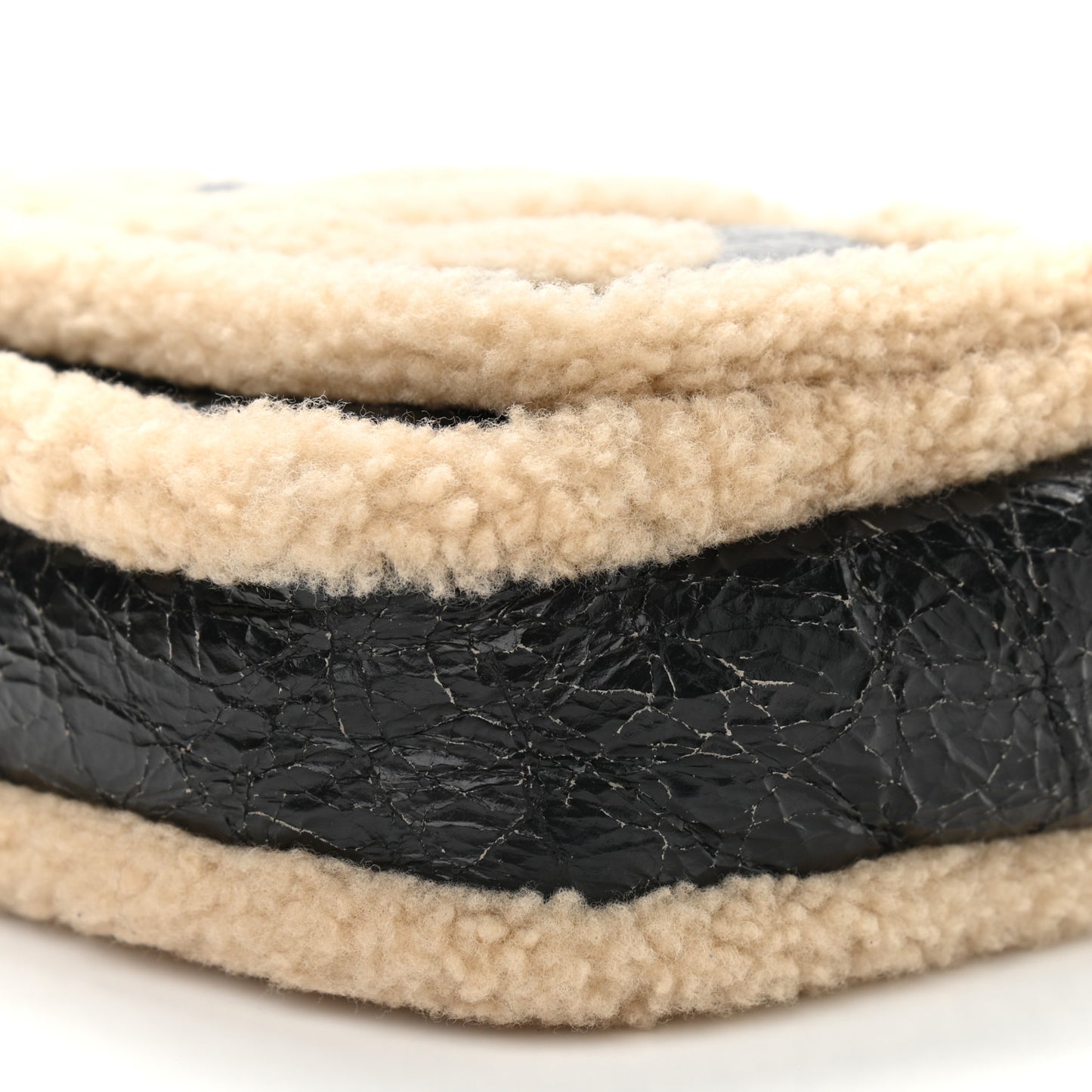 Shiny Crumpled Sheepskin Shearling CC Mania Flap Bag Black Beige