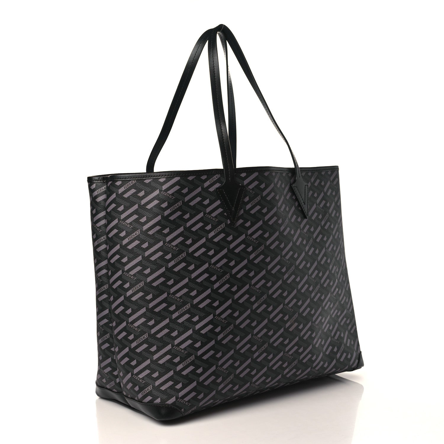 Versace Coated Canvas Calfskin La Greca Medusa Music Signature Shopper Tote Bag Black Grey 5 of 11