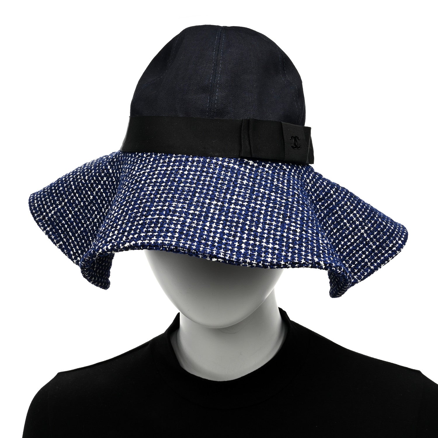 Chanel Tweed Cotton Wide Brim Hat 56 Navy White Black 2 of 8
