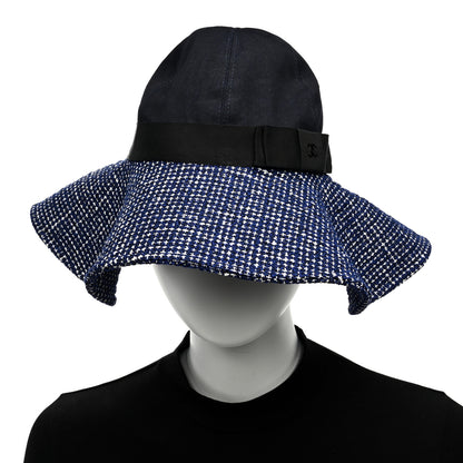 Chanel Tweed Cotton Wide Brim Hat 56 Navy White Black 2 of 8