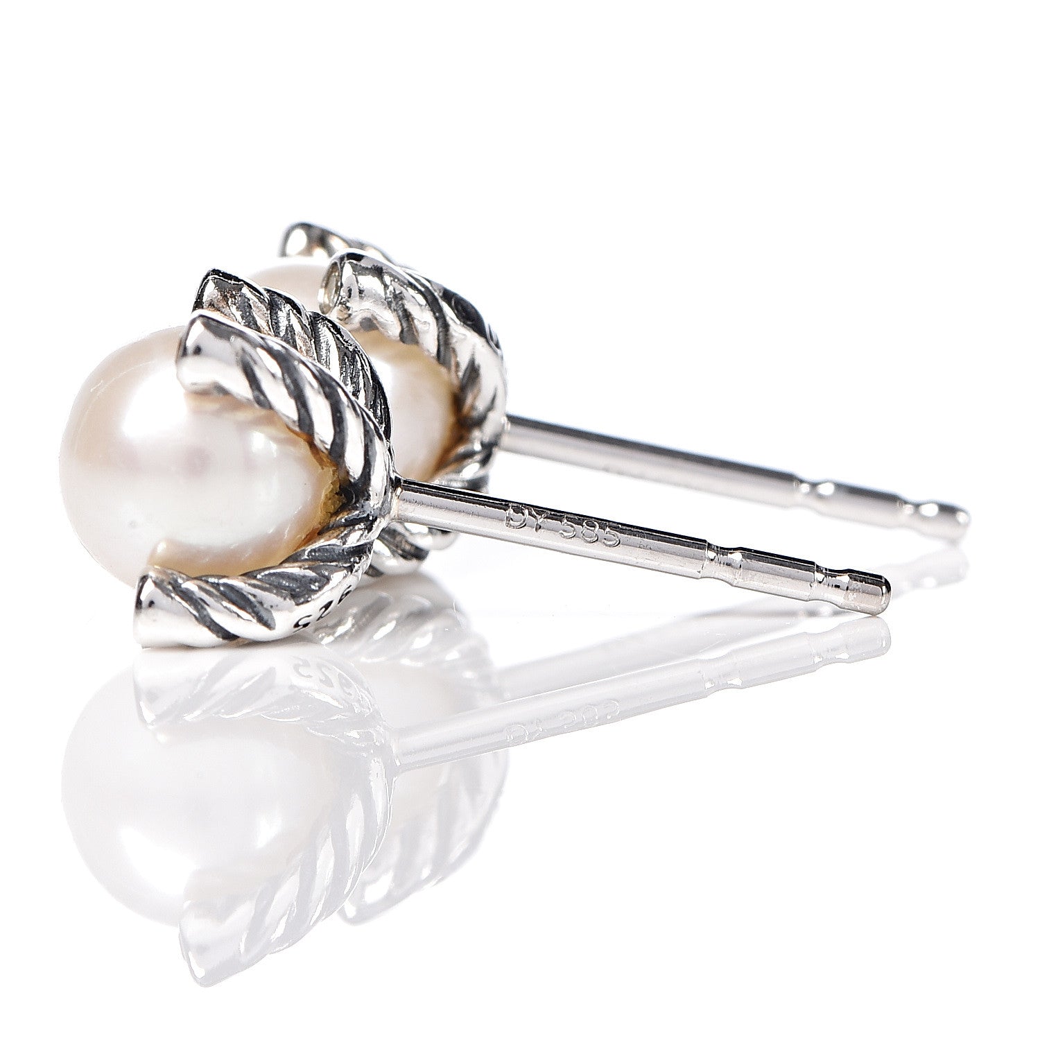 David Yurman Sterling Silver Diamond Pearl 7mm Earrings 4 of 4