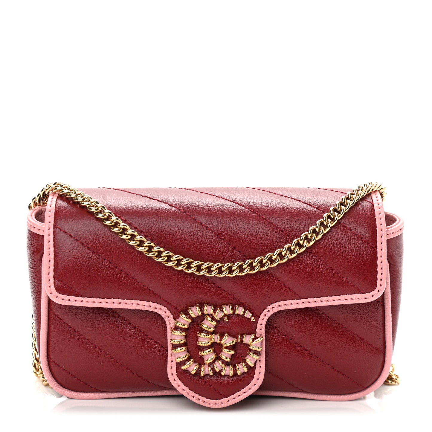 Azalea Calfskin Enamel Matelasse Diagonal Super Mini Torchon GG Marmont Shoulder Bag New Cherry Red Wild Rose