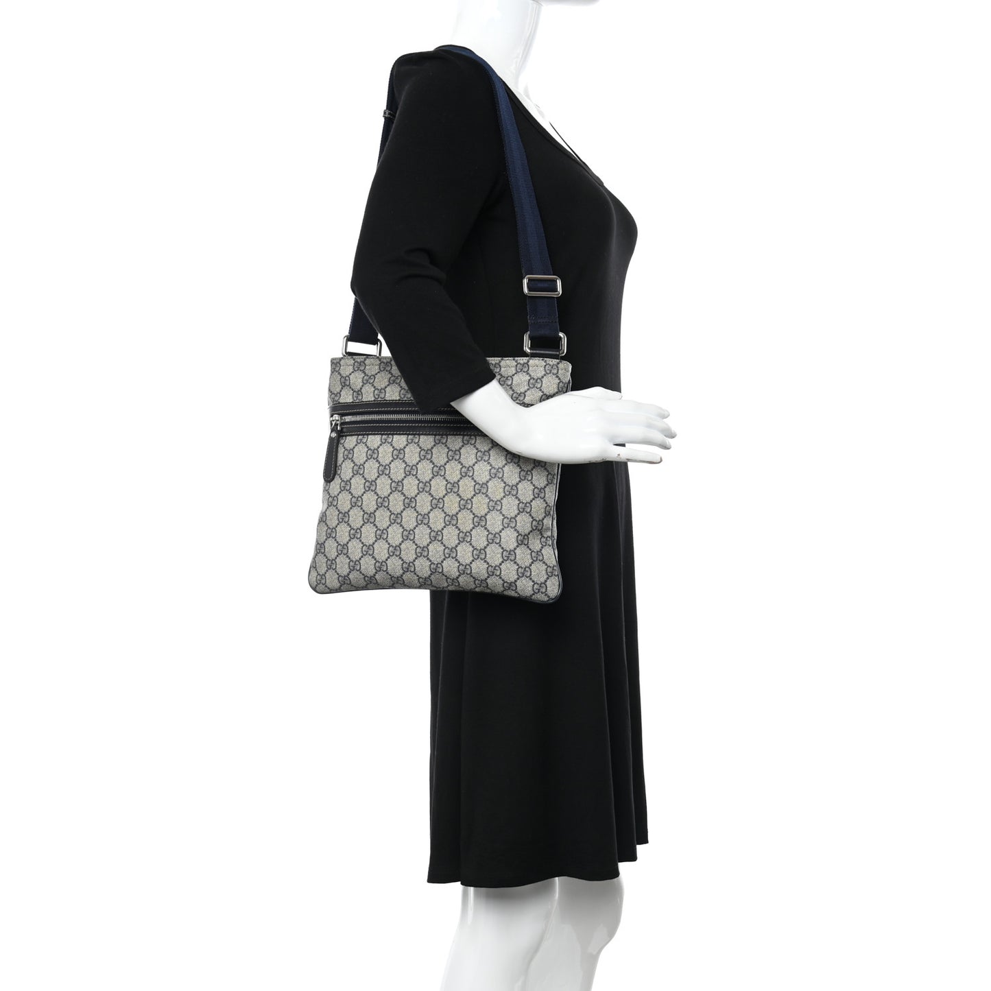 GG Supreme Monogram Small Flat Side Zip Messenger Bag Beige Blue