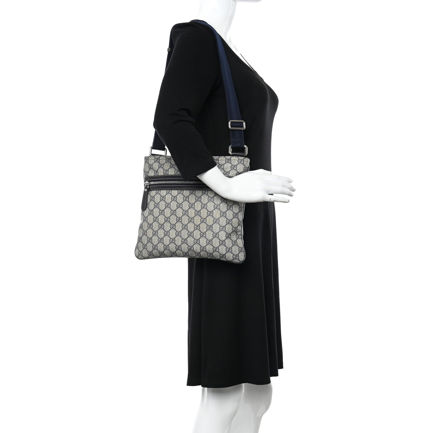 Gucci GG Supreme Monogram Small Flat Side Zip Messenger Bag Beige Blue 2 of 10