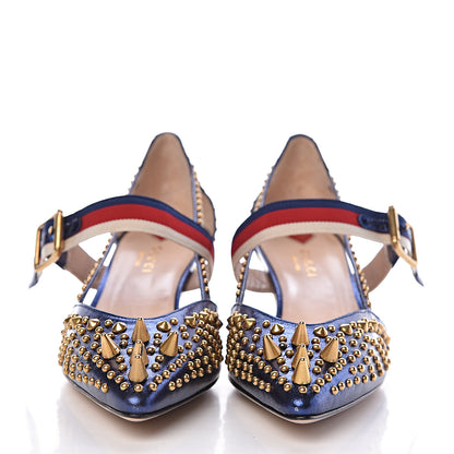 Gucci Metallic Nappa Silk Grosgrain Studded Sylvie Web Bamboo Low Heel Pumps 37.5 Sapphire 2 of 8