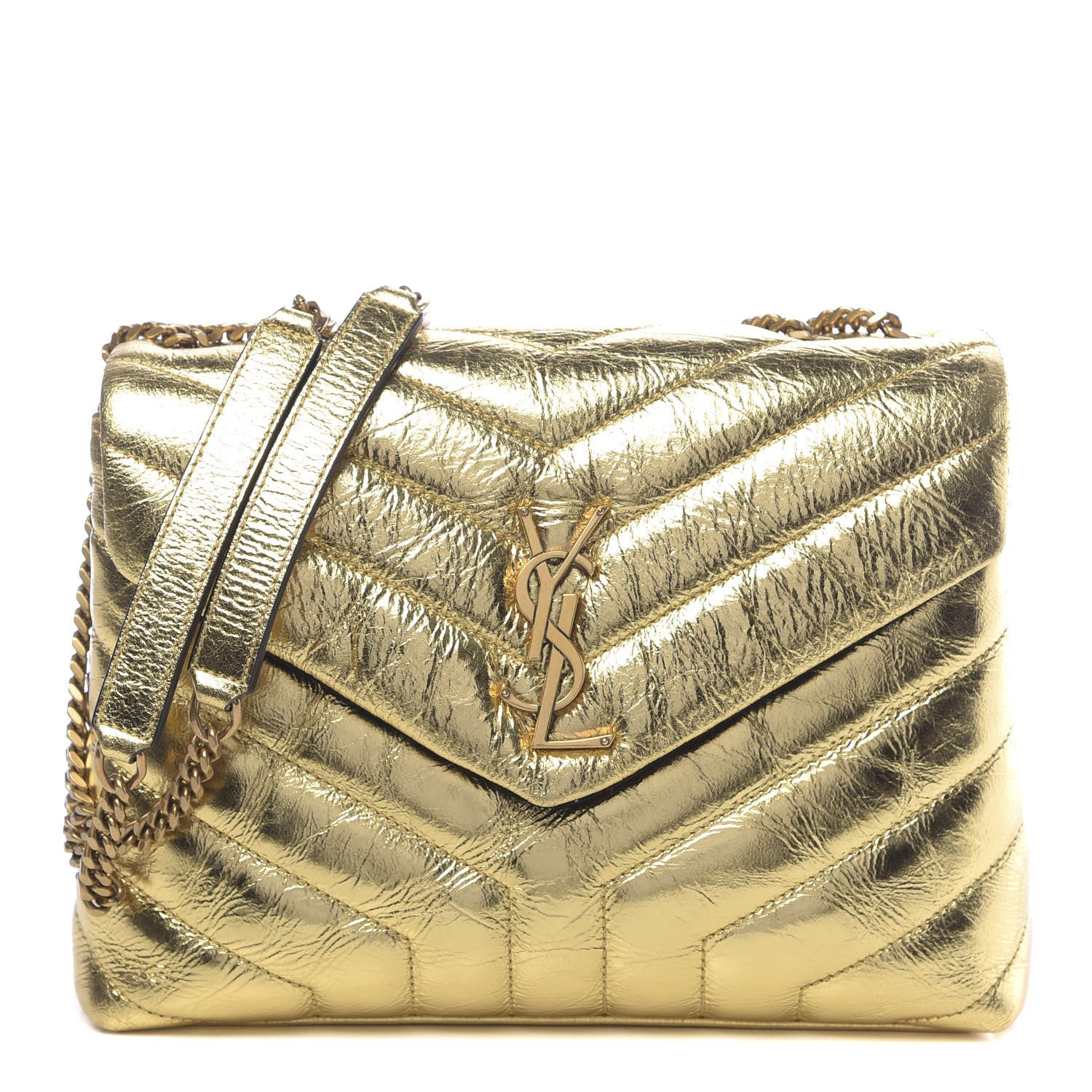 Saint Laurent Metallic Calfskin Y Quilted Small Loulou Monogram Chain Satchel Gold 1 of 12