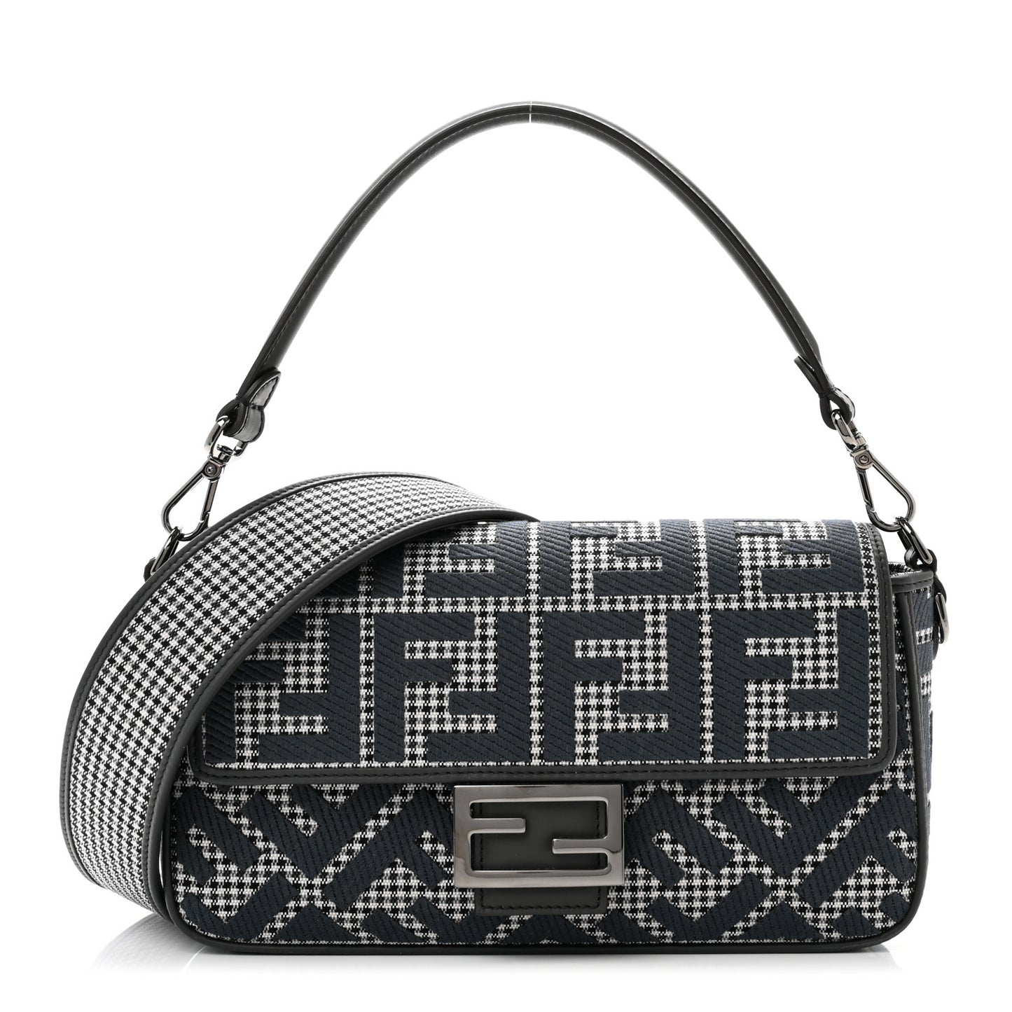 Wool Vitello King Houndstooth FF Embroidered Baguette Grigio Anthracite