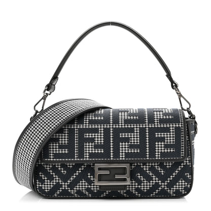 Fendi Wool Vitello King Houndstooth FF Embroidered Baguette Grigio Anthracite 1 of 7