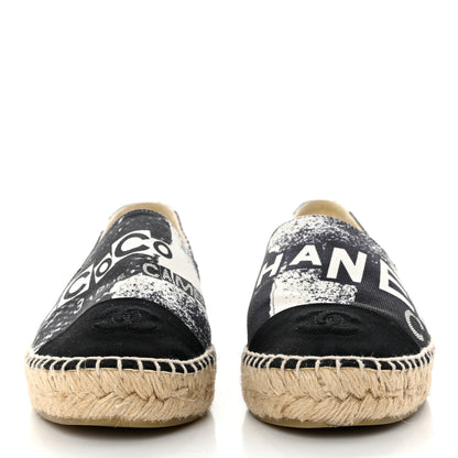 Chanel Printed Canvas Grosgrain 31 Rue Cambon Espadrilles 38 Black White 2 of 8
