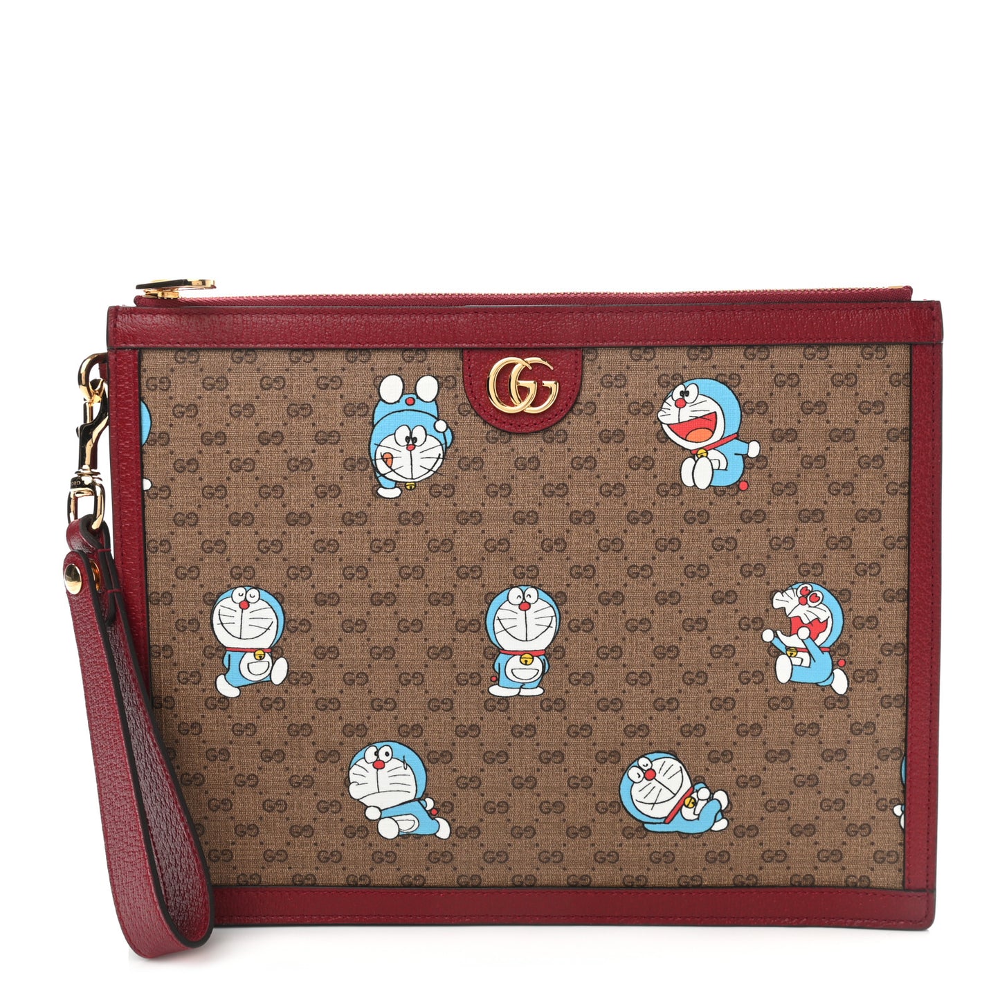 X DORAEMON Mini Vintage GG Supreme Monogram Wristlet Pouch Beige Cherry Red