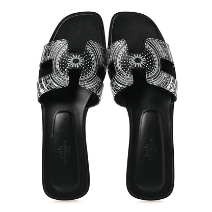Hermes Calfskin Astrologie Bandana Oran Sandals 38 Black White 2 of 12