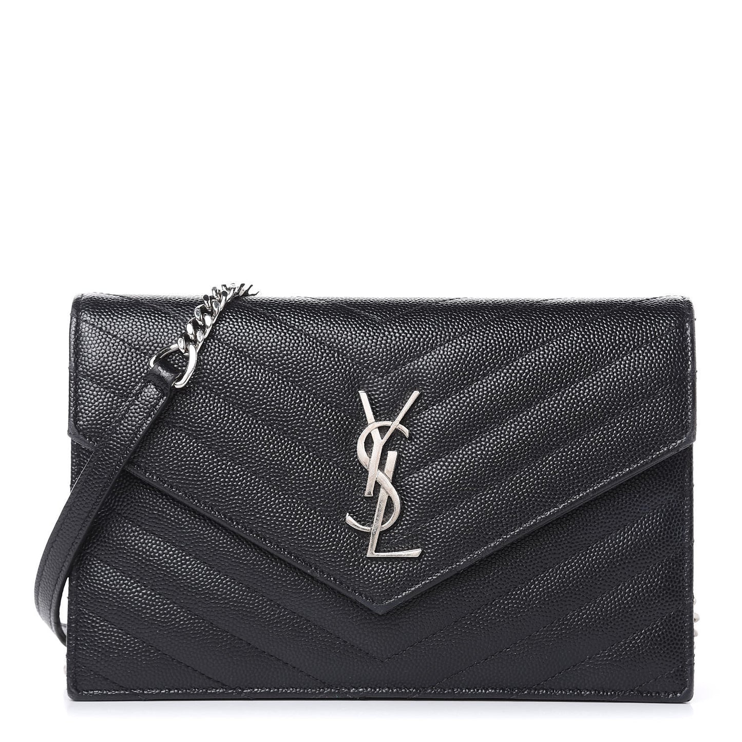 Grain De Poudre Matelasse Chevron Monogram Envelope Chain Wallet Black
