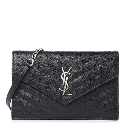 Saint Laurent Grain De Poudre Matelasse Chevron Monogram Envelope Chain Wallet Black 1 of 16