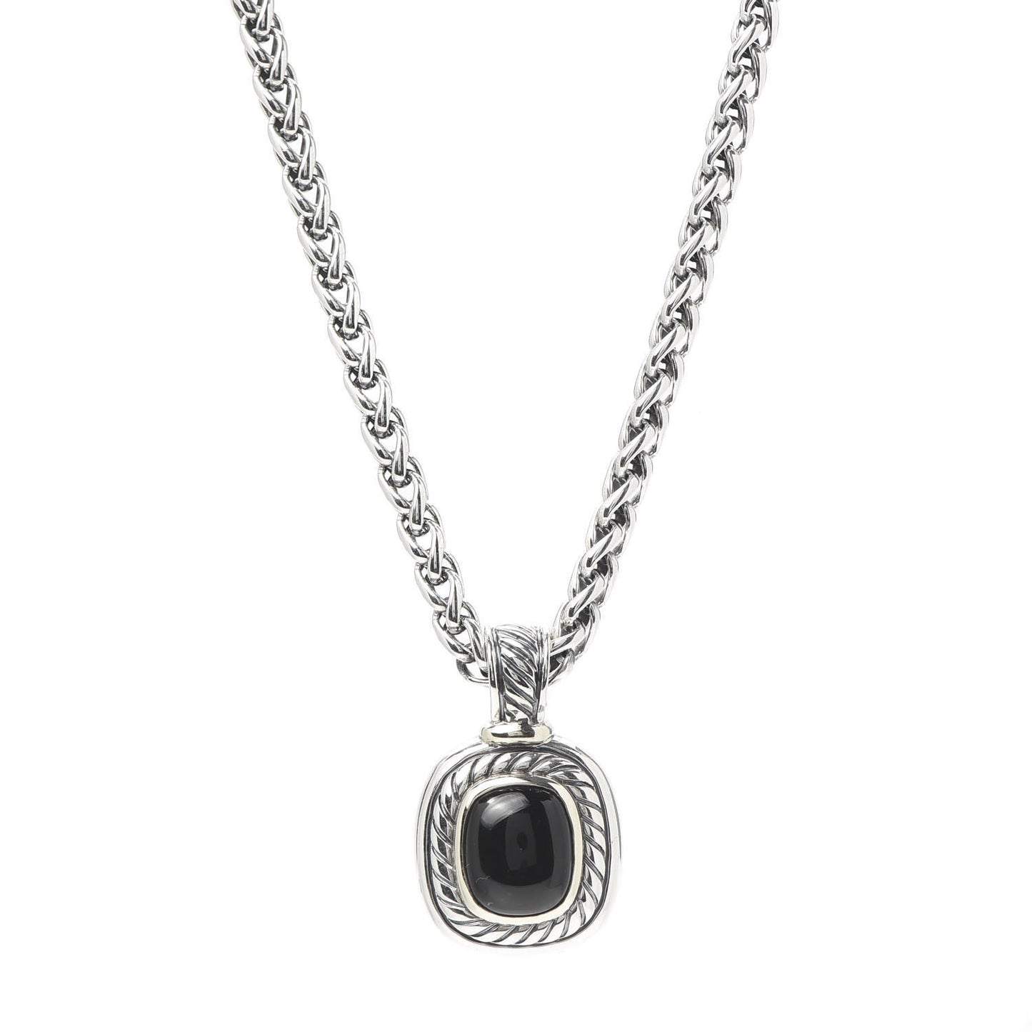 Sterling Silver Black Onyx 9mm Wheat Chain Pendant Necklace