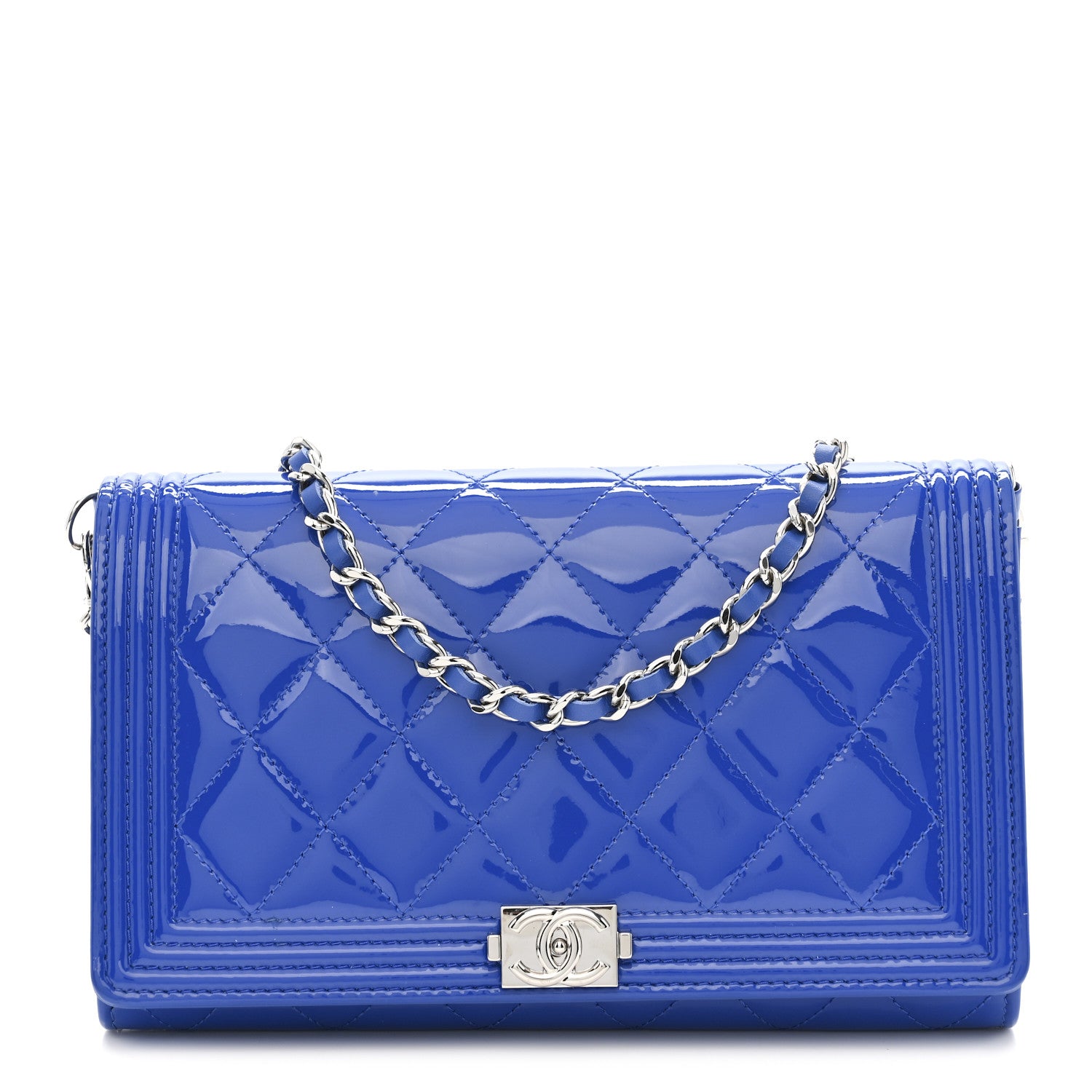 Chanel Patent Calfskin Quilted Boy Wallet on Removable Chain Blue 1 of 16