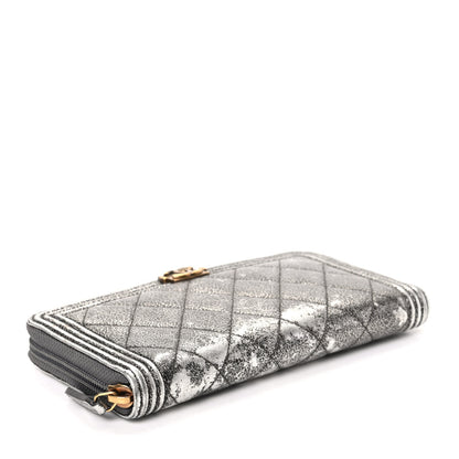 Chanel Cracked Metallic Calfskin Quilted Boy Long Zip Around Wallet Dark Silver 3 of 9