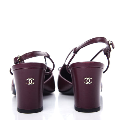 Chanel Lambskin Satin Slingback Cap Toe Bow Pumps 36.5 Burgundy Black 7 of 11
