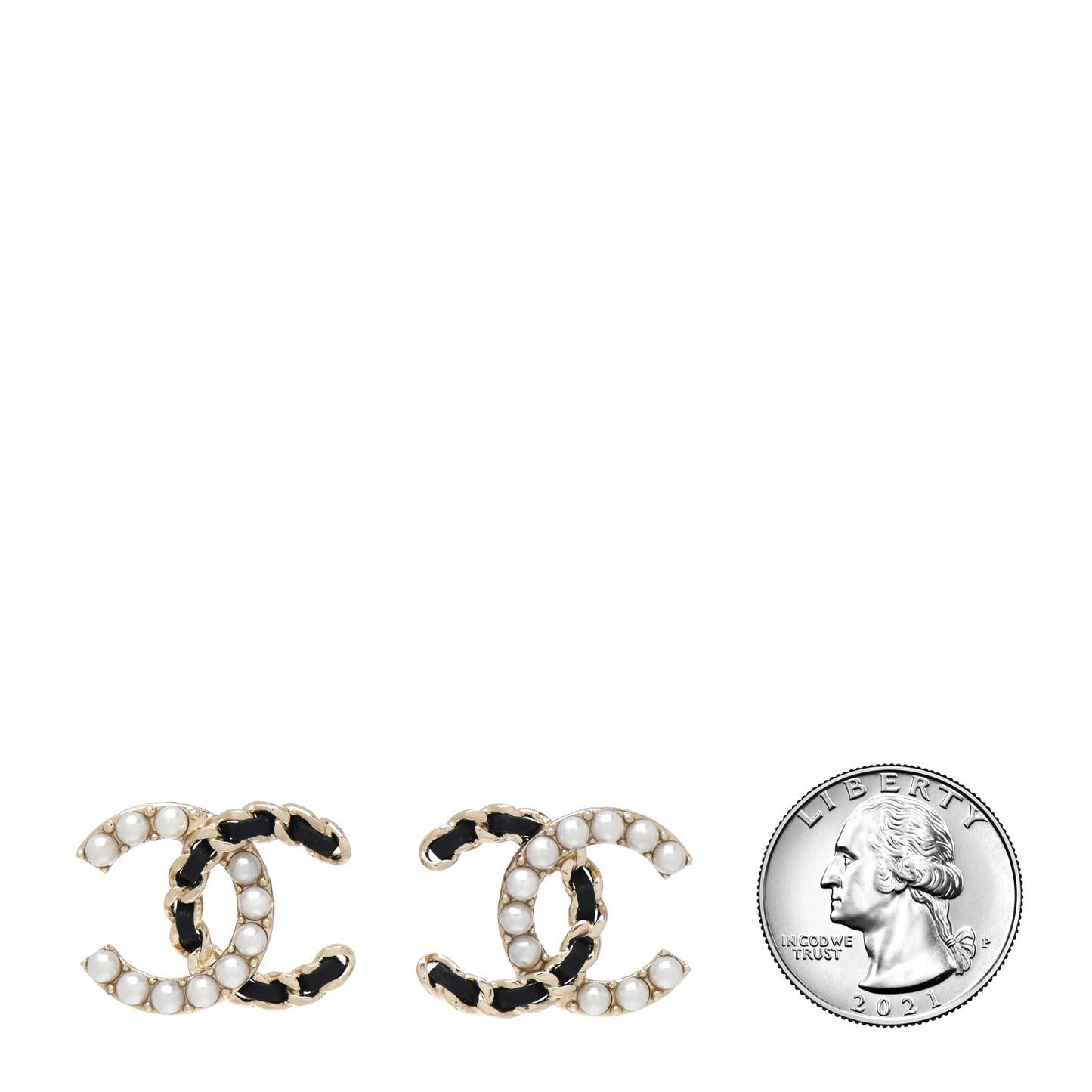 Pearl Lambskin Chain CC Stud Earrings Gold Black