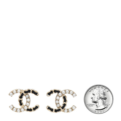 Chanel Pearl Lambskin Chain CC Stud Earrings Gold Black 2 of 5